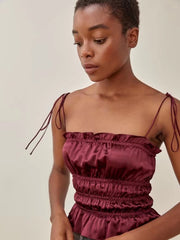 Amoi Französisches Retro-Oberteil mit elastischer Taillenstraffung und Seidensatin-Textur, Spaghettiträger, Brustwickel, äußeres Unterhemd, Bindeband