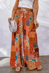 Pantalon large à cordon de serrage et patchwork bohème
