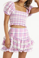Towel Embroidery Plaid Pleated Lotus Leaf Skirt