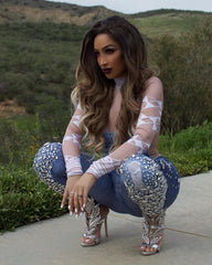 Denim Spaghetti-Strap Floral Print Jumpsuit Turtleneck Slim Fit Bodysuit