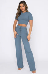 Casual Set Solid Color High-Elastic Body Shaping Short Sleeve Sunken Stripe Wide Leg Pants Two-Piece Set