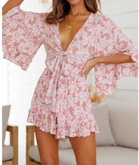 Seaside Holiday Floral Print Batwing Sleeve V neck Lace up Three Color Romper