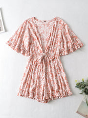 Seaside Holiday Floral Print Batwing Sleeve V neck Lace up Three Color Romper