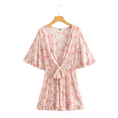 Seaside Holiday Floral Print Batwing Sleeve V neck Lace up Three Color Romper