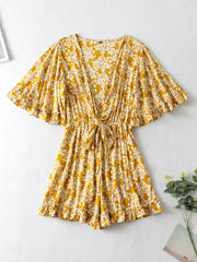 Seaside Holiday Floral Print Batwing Sleeve V neck Lace up Three Color Romper