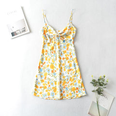 Vacation Printed Lace-up Backless Short Cami Dress Minority Satin Dress sundress