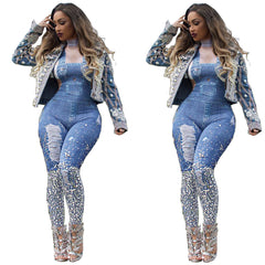 Denim Spaghetti-Strap Floral Print Jumpsuit Turtleneck Slim Fit Bodysuit