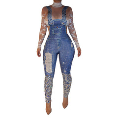 Denim Spaghetti-Strap Floral Print Jumpsuit Turtleneck Slim Fit Bodysuit