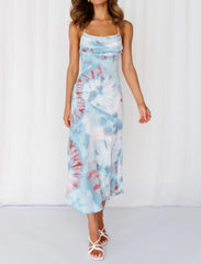 Suspender Swing Collar Mid-Length Dress Front Slit Tie-Dyed Dress