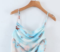 Suspender Swing Collar Mid-Length Dress Front Slit Tie-Dyed Dress