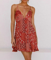 Sundress Spaghetti-Strap Floral Print Dress Patchwork Matching