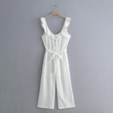 V-neck Sleeveless Fitted Waist Ruffled Front Row Buttons Drawstring Casual Jumpsuit