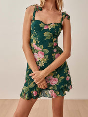 French Vintage Little Fresh Floral Print Slim Fit Stringy Selvedge Lace up Dress Short Tie Strap