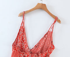 Robe imprimée en rayonne sans manches à col en V et bretelles, taille haute, oreilles en bois