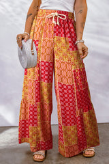 Pantalon large à cordon de serrage et patchwork bohème
