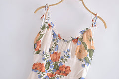 Robe à bretelles en bois à motif floral vintage, fine et amincissante, décolleté en V, avec nœud