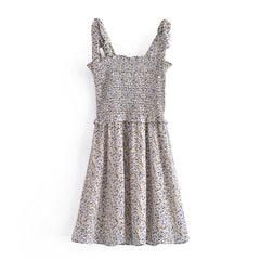 Elastisches Blumenkleid mit pastoraler Taille und kurzem A-Linien-Kleid