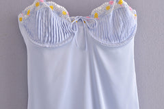 Baby Blue Floral Embroidered Draped Satin Backless Spaghetti Straps Dress Mini