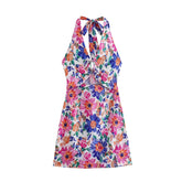 Early French Criss Cross Schnürung Neckholder Rückenfrei Elastische Taille Bedrucktes Kleid Ausgehöhltes Cutout Kleid