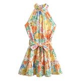 Französisches Kleid mit Blumendruck und Schnürung, süßes Neckholder-Volant, schulterfreie Nähte, kurz