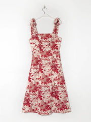 French Vacation Red Floral Leaf Printing Dyeing Wide-Brimmed Lace Tie Strap Dress