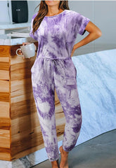 Einteiliger Pyjama mit Batikmuster, lockere Kurzarm-Homewear mit Rundhalsausschnitt