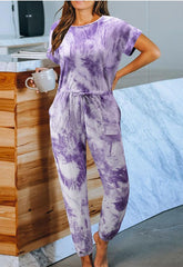 Tie-Dyed One-Piece Pajamas Loose Short Sleeve round Neck Homewear