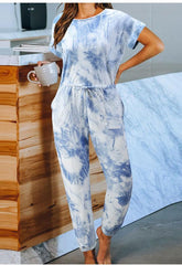 Tie-Dyed One-Piece Pajamas Loose Short Sleeve round Neck Homewear