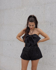 3D Bowknot Pailletten Schleife Cinched Ärmellos Hosenträger Schlankheitsanzug Strampler