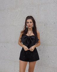 3D Bowknot Pailletten Schleife Cinched Ärmellos Hosenträger Schlankheitsanzug Strampler