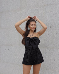 3D Bowknot Pailletten Schleife Cinched Ärmellos Hosenträger Schlankheitsanzug Strampler