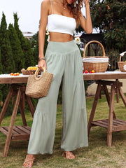 Pantalon ample décontracté en coton et lin à jambe large et taille haute