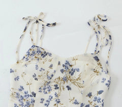 French Strap Floral Dress High Waist Slimming Mid-Length