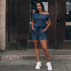 Fashionable Changeable Solid Color off-the-Shoulder Short Sleeve Urban Casual Loose Romper