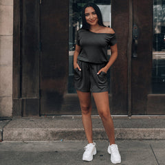 Fashionable Changeable Solid Color off-the-Shoulder Short Sleeve Urban Casual Loose Romper