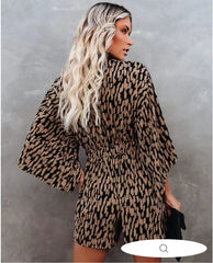 V-neck Printed Knotted Bell Sleeve Short Dress Romper