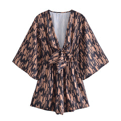 V-neck Printed Knotted Bell Sleeve Short Dress Romper