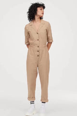 Collared Short Sleeve Chest Pocket Breasted Waist Cargo Overalls