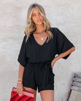 V-neck Short Sleeve Waist Lace-up Loose Romper