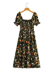 Square Collar Short Sleeve Elastic Waist Mid Length Printed Dress