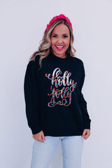 Schwarzes, lässiges Sweatshirt mit Rundhalsausschnitt und Grafik „Holly Jolly“