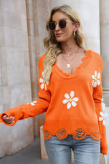 Pullover mit geripptem Blumenbesatz im Used-Look