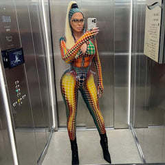 Printed Long Sleeve round Neck High Waist Tight Jumpsuit