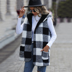 Flash Velvet Casual Mid Length Hooded Sleeveless Plaid Plush Baggy Coat