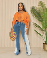 Elastische, farblich passende Micro Pull Hip Lifting Jeans mit Farbverlauf
