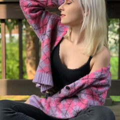 Cardigan court ample à carreaux losanges assortis, couleur assortie, pull en mohair