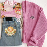 Vêtements d'extérieur Lettre Graphique Ange Broderie Doux Tricot Manteau Bouton Pull