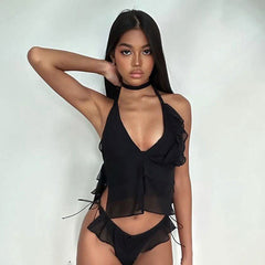 Black Mesh Halter Lace Up Wooden Ear Short Top