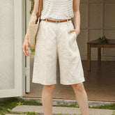 Pantalon court en coton et lin délavé à la pierre, bermuda amincissant taille haute en pur lin, pour le bureau