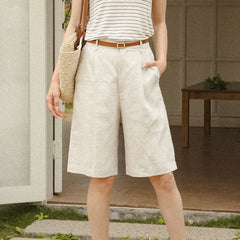 Cotton Linen Cropped Pants Stone Washed Pure Linen High Waist Slimming Bermuda Shorts Office